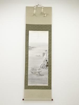 辻東峰筆　漁夫一竿　肉筆絹本掛軸（共箱）